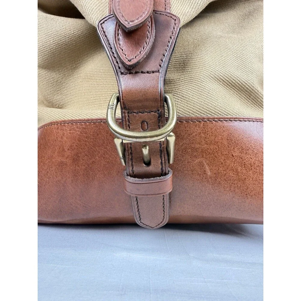 Polo Ralph Lauren Duffle Bag Safari XL Tan Cognac Canvas Leather  (23 x 12 x 10)